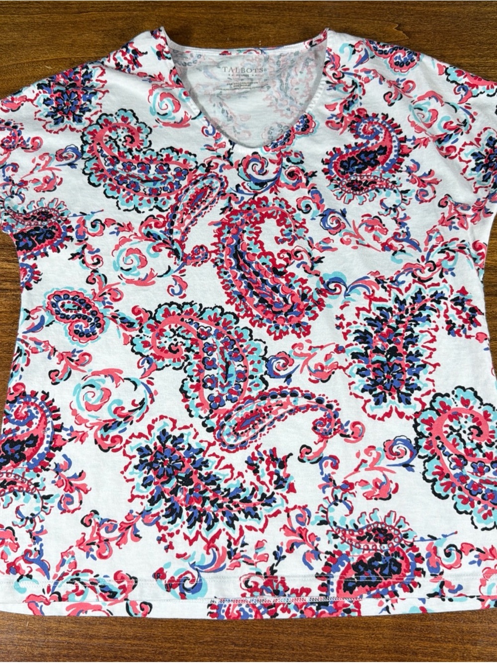 Talbots White V-Neck Tee with Pink and Blue Paisley